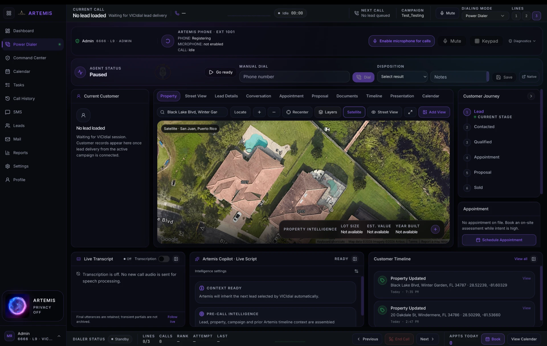 The Artemis Cockpit: live call controls, property intelligence map, customer journey, live transcript and Artemis Copilot in one workspace
